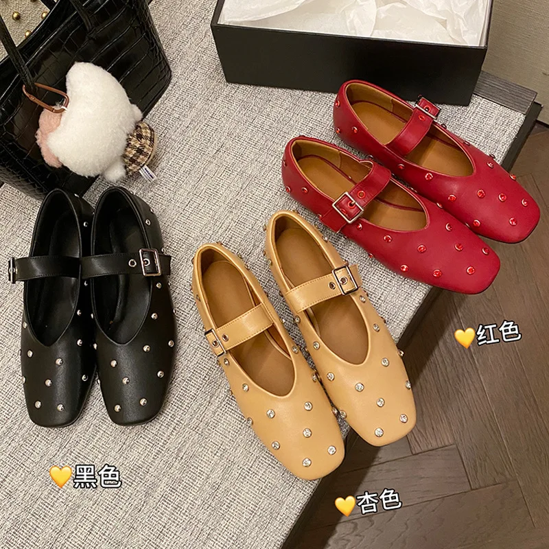 French Style Retro Square Toe Shallow Shoes Metal Rivet Rhinestone Flats Casual Large Size Single Buckle Mary Women Loafers