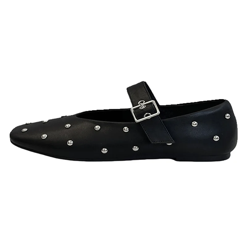 French Style Retro Square Toe Shallow Shoes Metal Rivet Rhinestone Flats Casual Large Size Single Buckle Mary Women Loafers