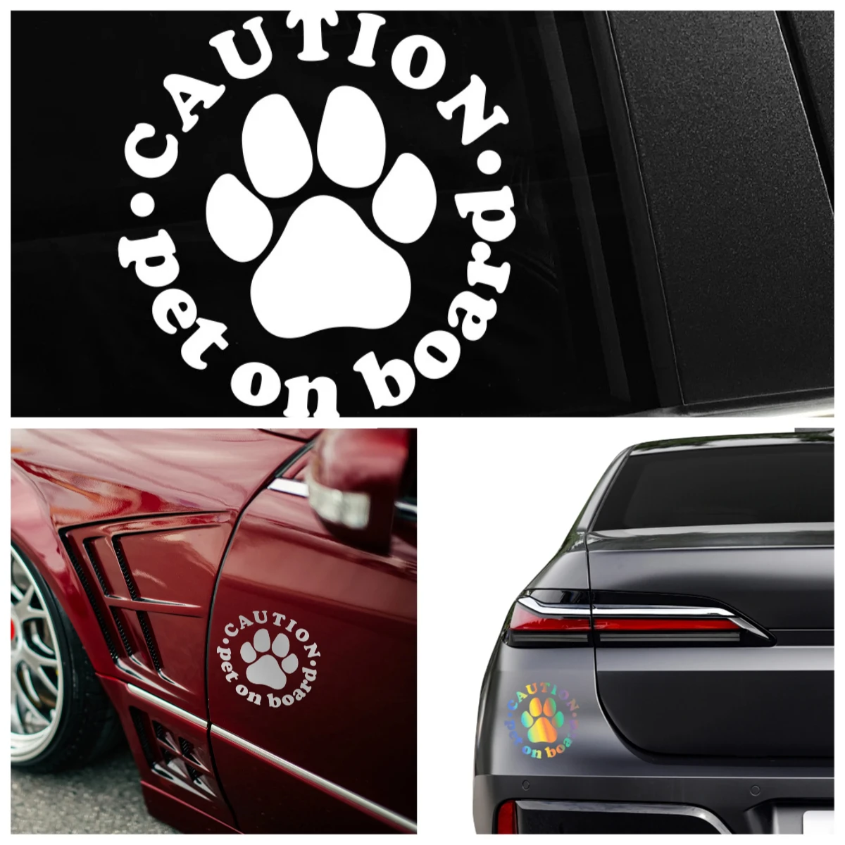 Colorful Paw Print Caution Pet On Board Waterproof Vinyl Car Sticker Safety Reminder Decal for Rear Window Bumper Decor