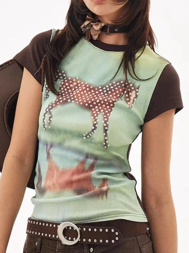 Deeptown Vintage Y2k Print T-Shirts Women Harajuku 2000s Grunge Short Sleeve Tees American Retro Slim Graphic T-Shirt Aesthetics
