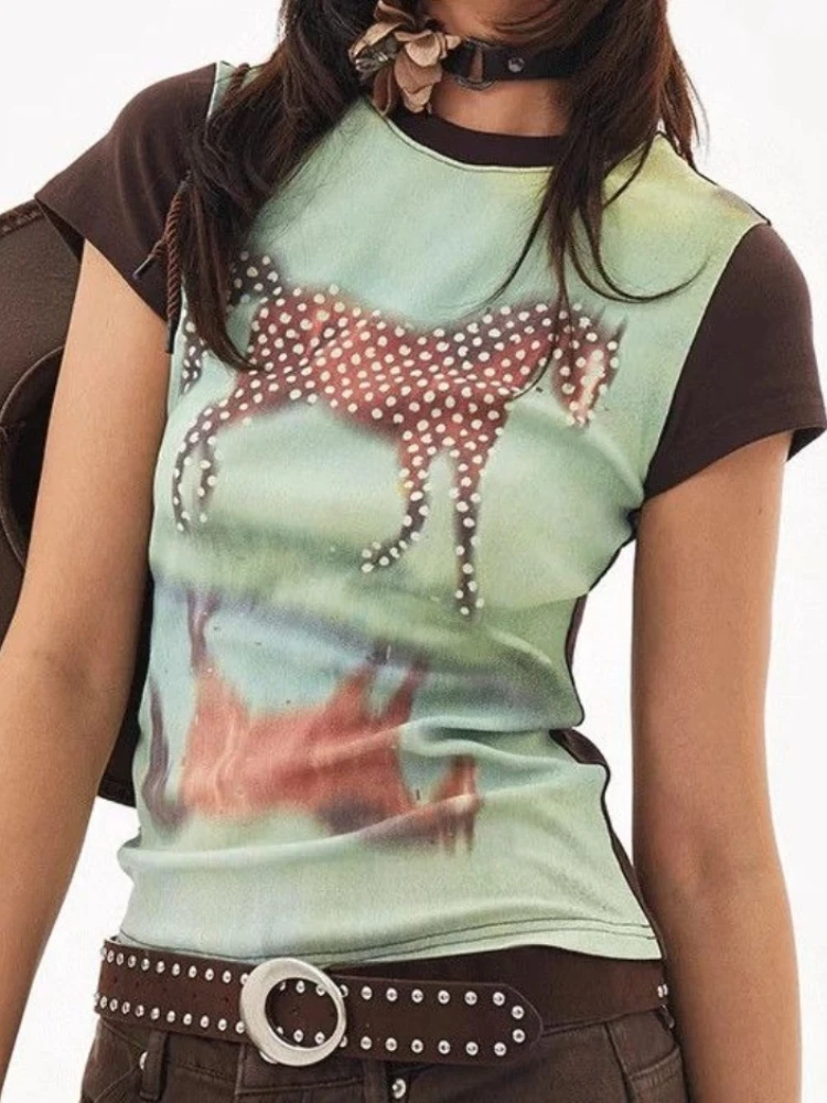 Deeptown Vintage Y2k Print T-Shirts Women Harajuku 2000s Grunge Short Sleeve Tees American Retro Slim Graphic T-Shirt Aesthetics