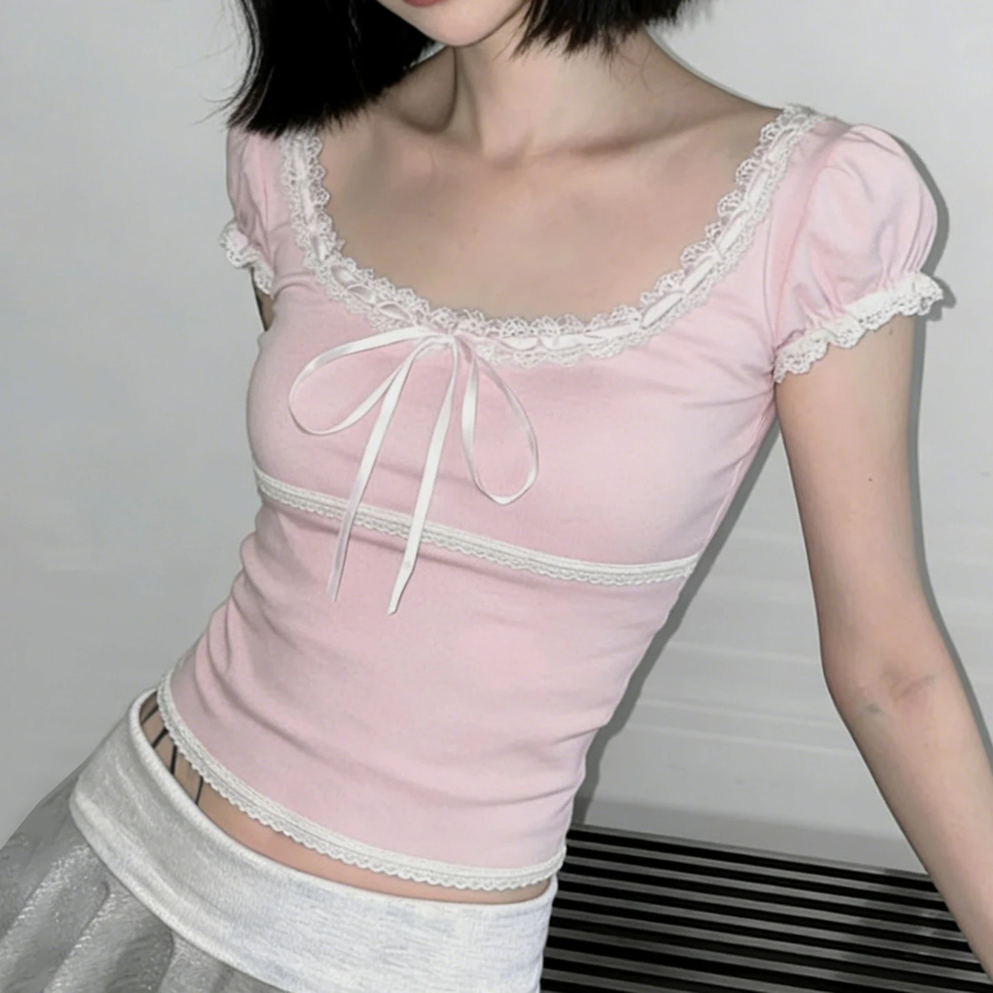 [RUOKE] Spring Summer Sweet Lace Crop Top Women Y2K Korean Preppy Style Bow Slim Fit Puff Sleeve Tee Girly Aesthetic T-shirts