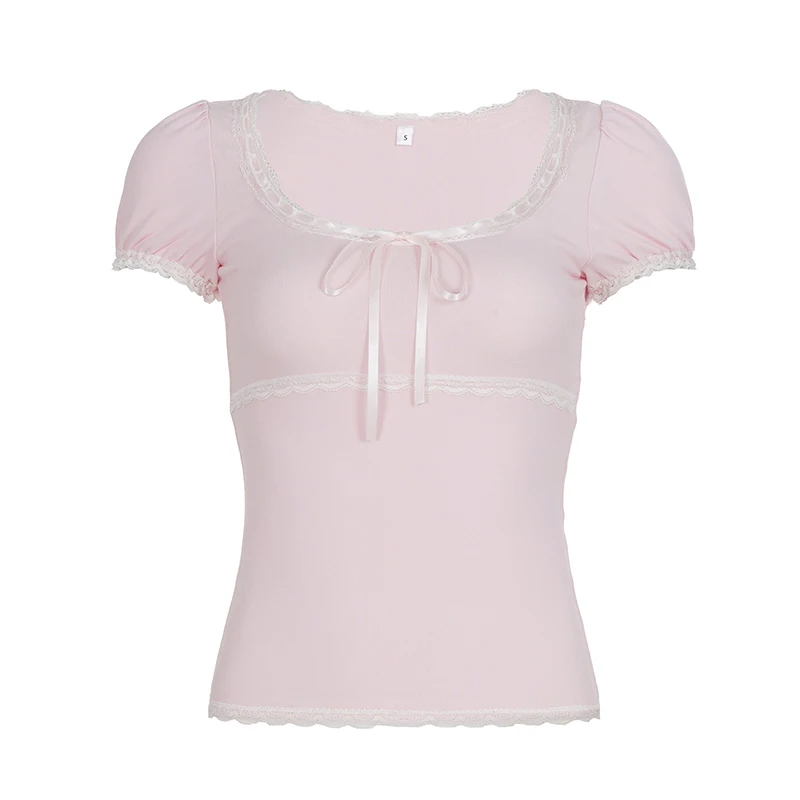 [RUOKE] Spring Summer Sweet Lace Crop Top Women Y2K Korean Preppy Style Bow Slim Fit Puff Sleeve Tee Girly Aesthetic T-shirts