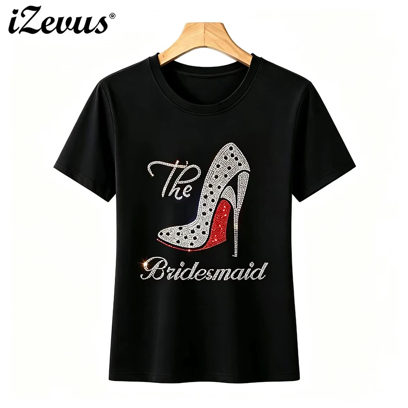 Hot Selling High Heels, Diamond Drawings, Short Sleeves Women's T-Shirts, Nail Beads, Hot Drill, Diamond Printing, Leisure Lady