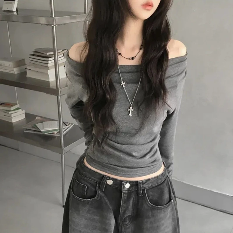 Deeptown Gray Elegant Women T-Shirts Off Shoulder Long Sleeve Korean Fashion Slim Tees Aesthetic Solid Basic Casual All-match