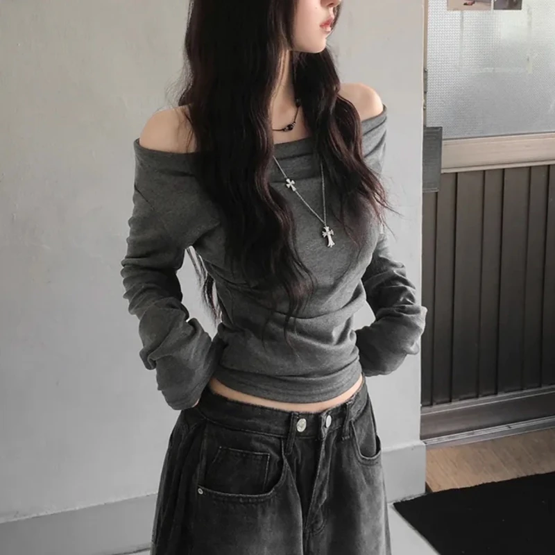 Deeptown Gray Elegant Women T-Shirts Off Shoulder Long Sleeve Korean Fashion Slim Tees Aesthetic Solid Basic Casual All-match