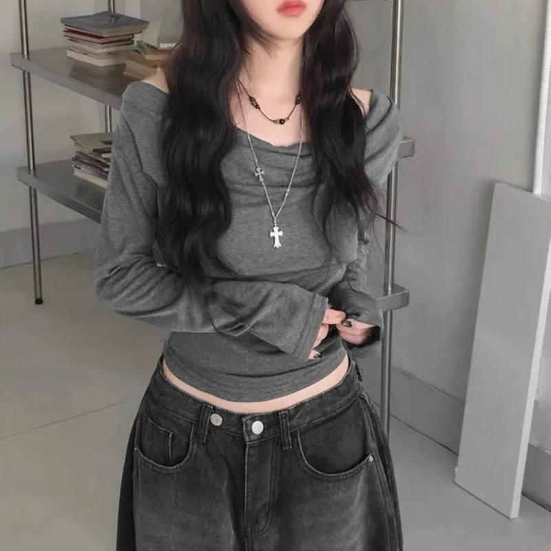 Deeptown Gray Elegant Women T-Shirts Off Shoulder Long Sleeve Korean Fashion Slim Tees Aesthetic Solid Basic Casual All-match