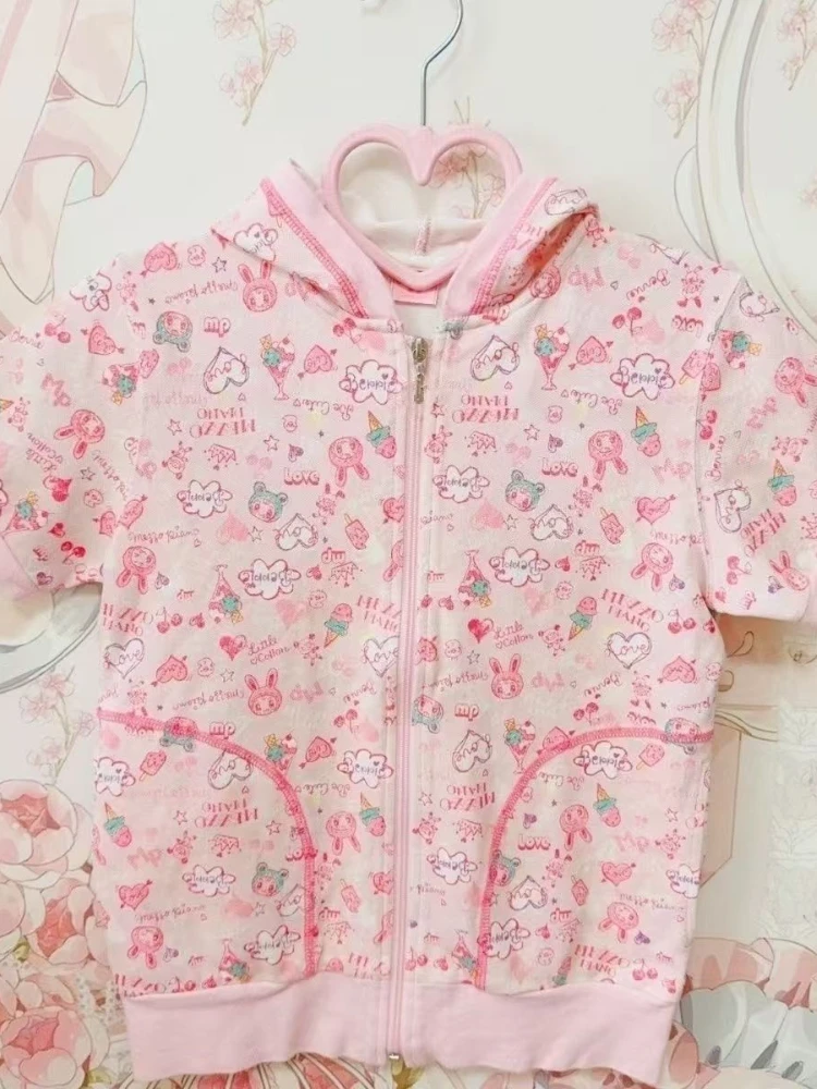 Japanese Sweet Lovely Chic Hooded Tops Women New Design Print Kawaii Short Sleeves Blouses Harajuku Y2K Slim Thin Pink Cardigan