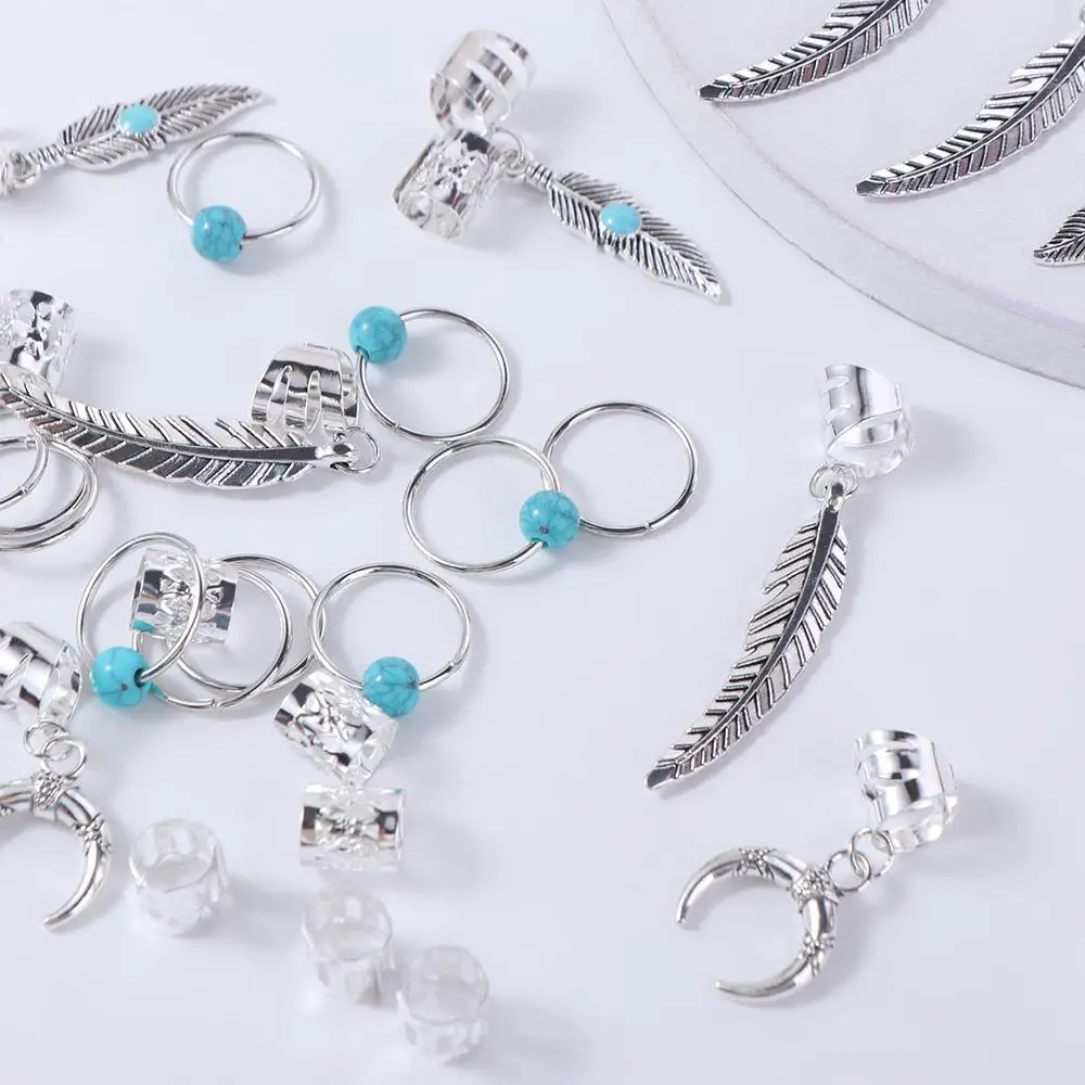 31pcs Turquoise Hollow Out Hair Ring Dread Locks Hair Braiding Dreadlocks Beads Adjustable Metal Cuff Clips Hair Braid Tubes