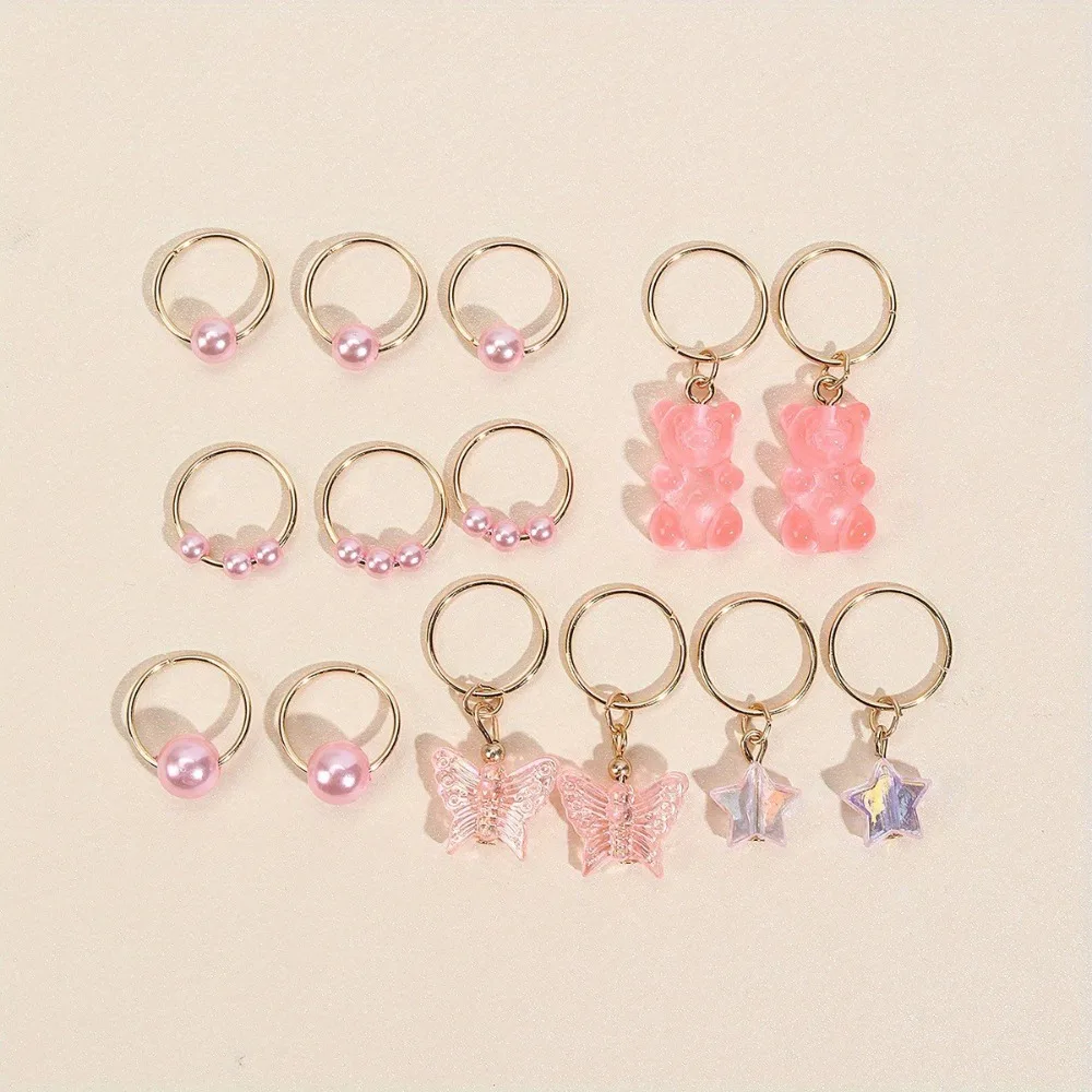 14pcs Butterfly Bear Mixed Hair Rings Set Hair Braiding Metal Cuff Clips Dreadlocks Beads DIY Multi Style Hair Braid Tubes