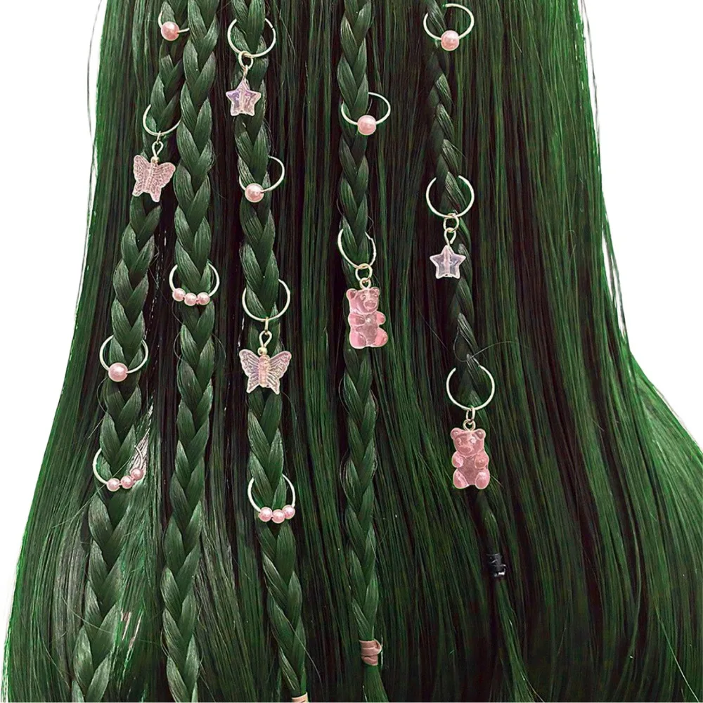 14pcs Butterfly Bear Mixed Hair Rings Set Hair Braiding Metal Cuff Clips Dreadlocks Beads DIY Multi Style Hair Braid Tubes