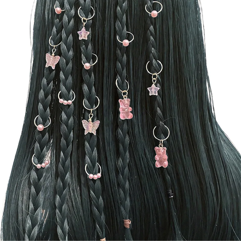 14pcs Butterfly Bear Mixed Hair Rings Set Hair Braiding Metal Cuff Clips Dreadlocks Beads DIY Multi Style Hair Braid Tubes