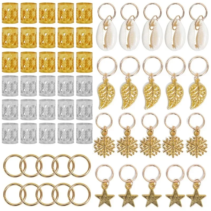 80Pcs/Set Mix Style Star Leaves Pendant Charms Hair Braid Dreadlock Beads Clips Cuffs Rings Jewelry Clasps Accessories Styling