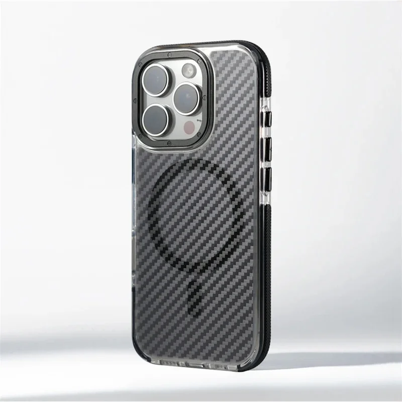 Luxury Carbon Fiber Pattern Non-Slip Shockproof Case For iPhone 17 16 Pro Max 15 14 13 12 Magnetic Wireless Charge Armor Cover