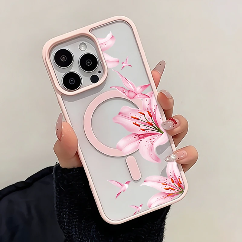 Pink Flower And Birds Magnetic Case For iPhone 17 16 11 13 12 14 15 Pro Max Plus Air 17E 16E For Magsafe Wireless Charging Cover