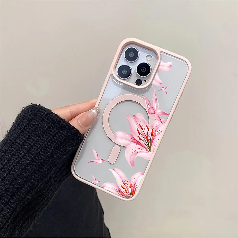 Pink Flower And Birds Magnetic Case For iPhone 17 16 11 13 12 14 15 Pro Max Plus Air 17E 16E For Magsafe Wireless Charging Cover