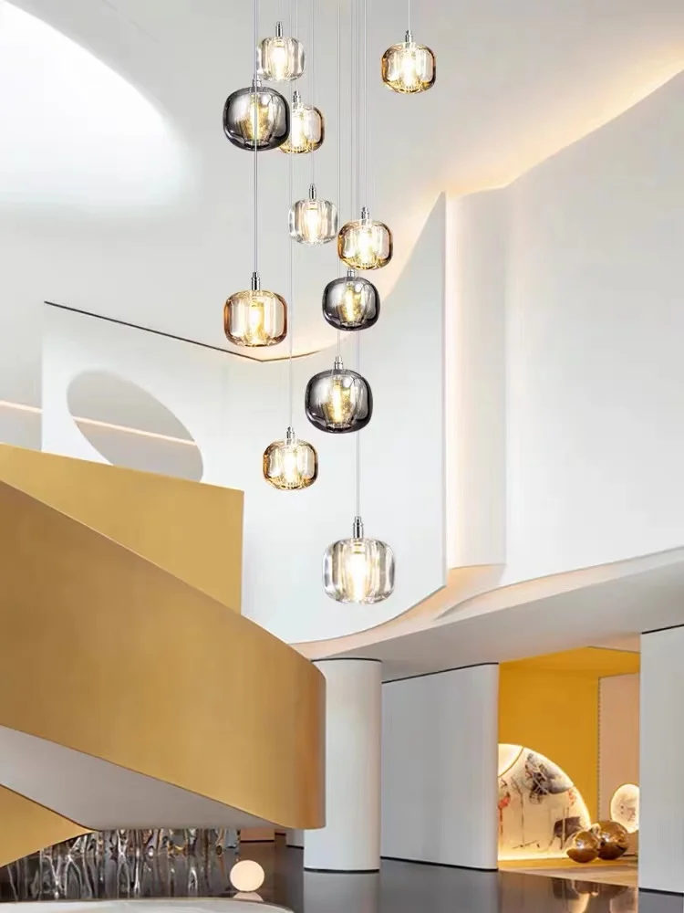 Modern creative K9 crystal long line light amber/smoke gray/clear glass chandelier Led double spiral staircase hanging light