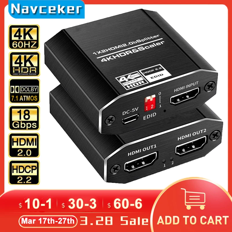 ProAV 4K UHD HDMI Splitter 2.0 1x2 HDMI 2.0 Splitter HDCP 2.2 HDR Splitter HDMI 2.0 4K HDMI2.0 Splitter For Blu-ray DVD PS3 PS4