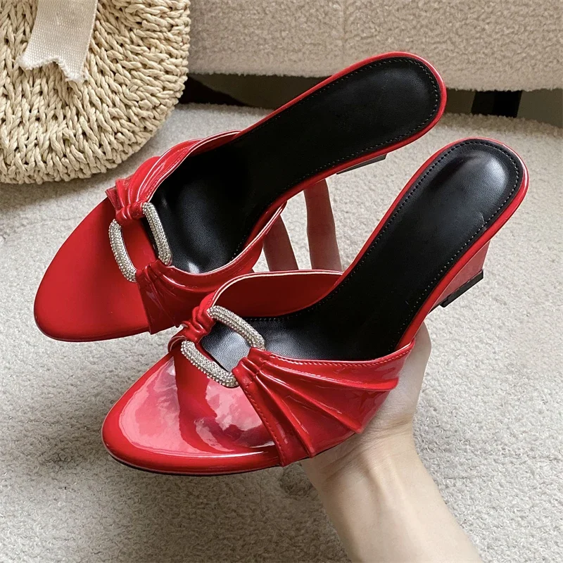 Women's Open Toe Ruched Rhinestone Buckle Single Strap Slip on Wedge Heel Mules Chic Casual Daily Party Footwear Drop Shipping