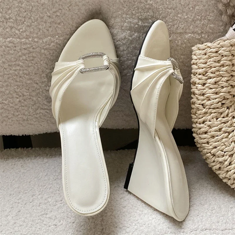 Women's Open Toe Ruched Rhinestone Buckle Single Strap Slip on Wedge Heel Mules Chic Casual Daily Party Footwear Drop Shipping