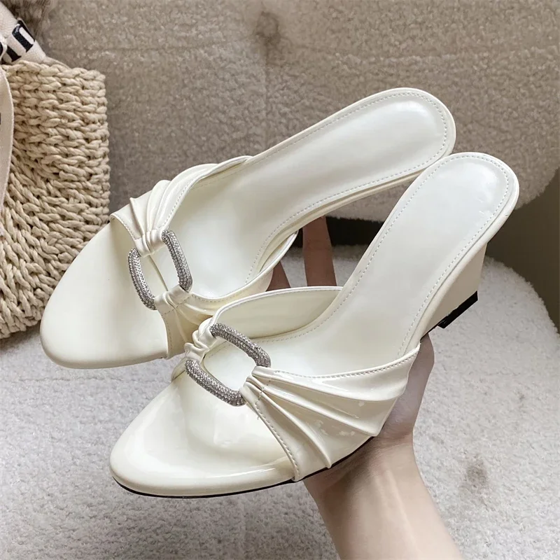 Women's Open Toe Ruched Rhinestone Buckle Single Strap Slip on Wedge Heel Mules Chic Casual Daily Party Footwear Drop Shipping