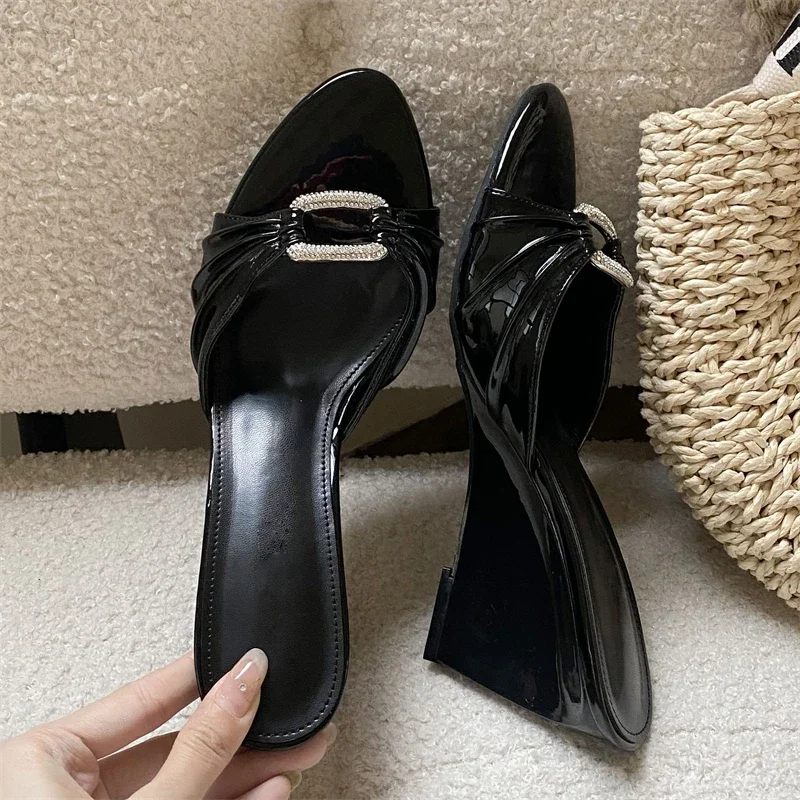 Women's Open Toe Ruched Rhinestone Buckle Single Strap Slip on Wedge Heel Mules Chic Casual Daily Party Footwear Drop Shipping