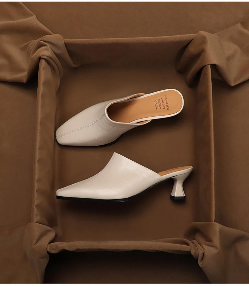 SHOEBOX French Versatile Baotou Half Slippers for Women's Outerwear Summer New Fashion Leather Middle Heel Muller Shoes