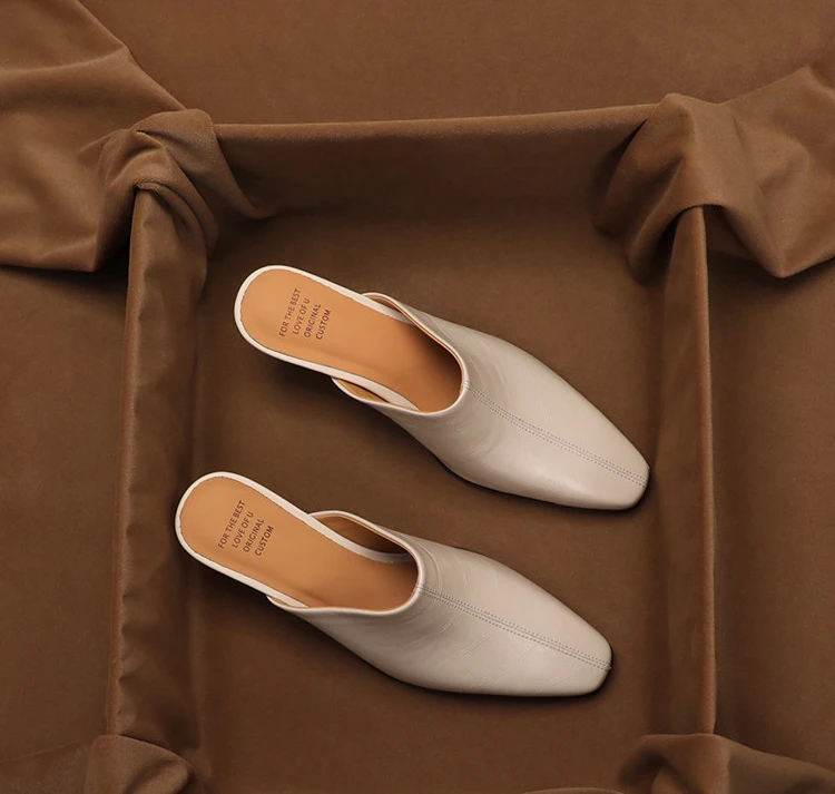 SHOEBOX French Versatile Baotou Half Slippers for Women's Outerwear Summer New Fashion Leather Middle Heel Muller Shoes