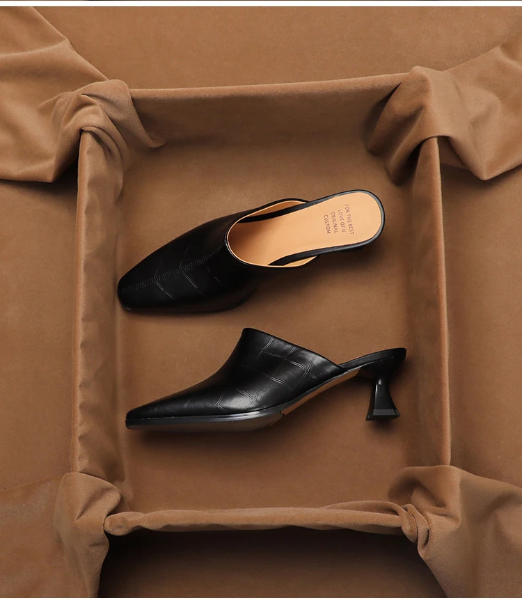 SHOEBOX French Versatile Baotou Half Slippers for Women's Outerwear Summer New Fashion Leather Middle Heel Muller Shoes
