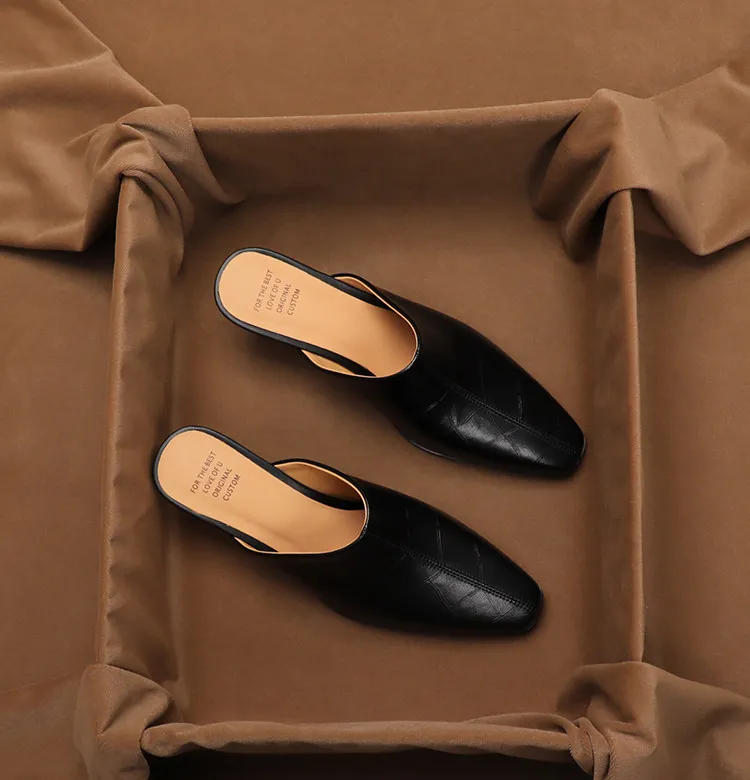 SHOEBOX French Versatile Baotou Half Slippers for Women's Outerwear Summer New Fashion Leather Middle Heel Muller Shoes