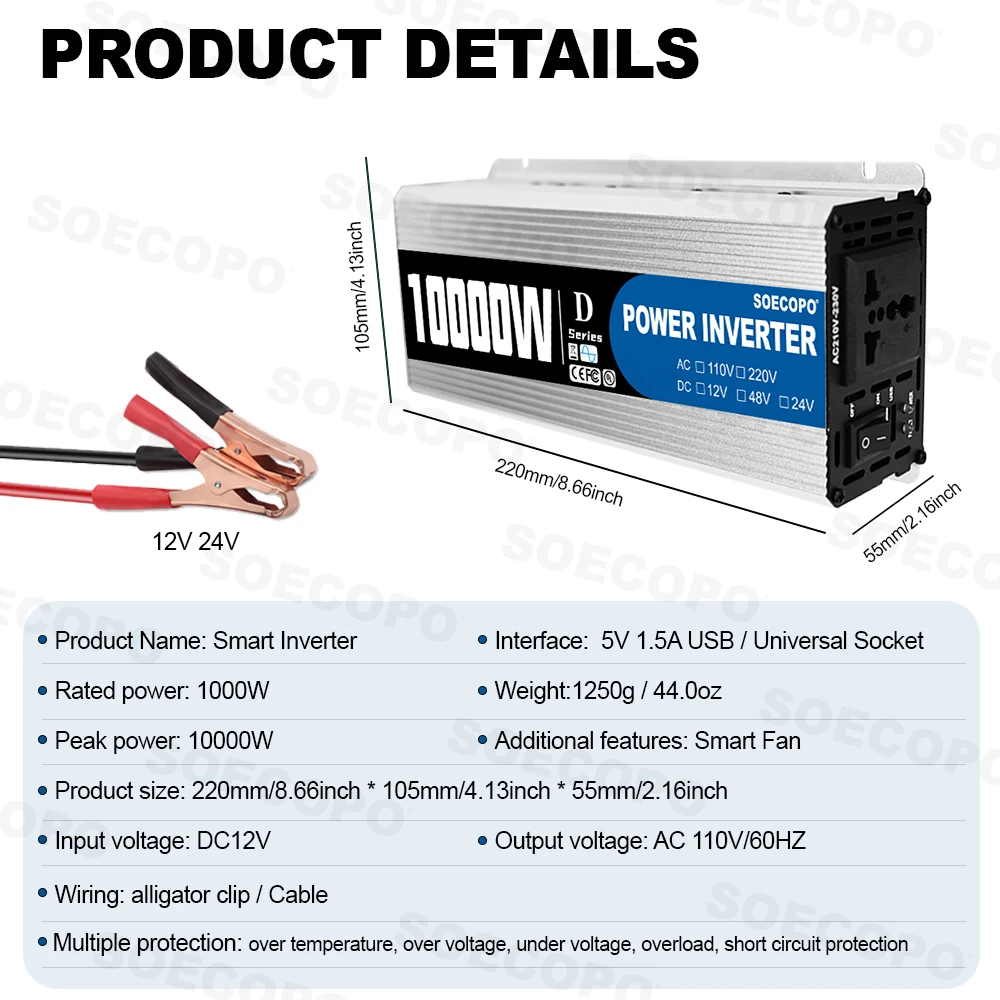 SOECOPO 10000W Peak Power Inverter 12V To 110V 1 Socket USB 5V Car Voltage Converter Power Adapter for Car Accessories RV