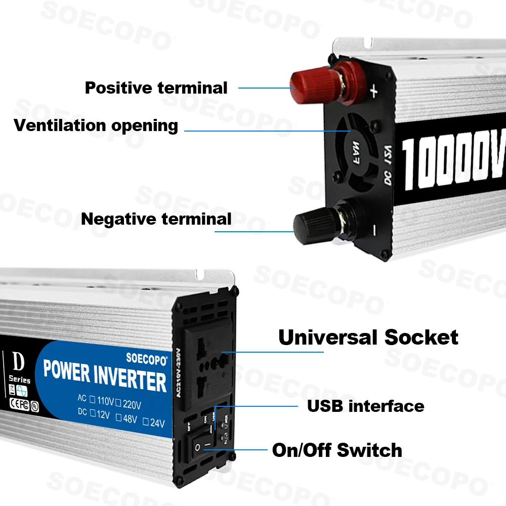 SOECOPO 10000W Peak Power Inverter 12V To 110V 1 Socket USB 5V Car Voltage Converter Power Adapter for Car Accessories RV