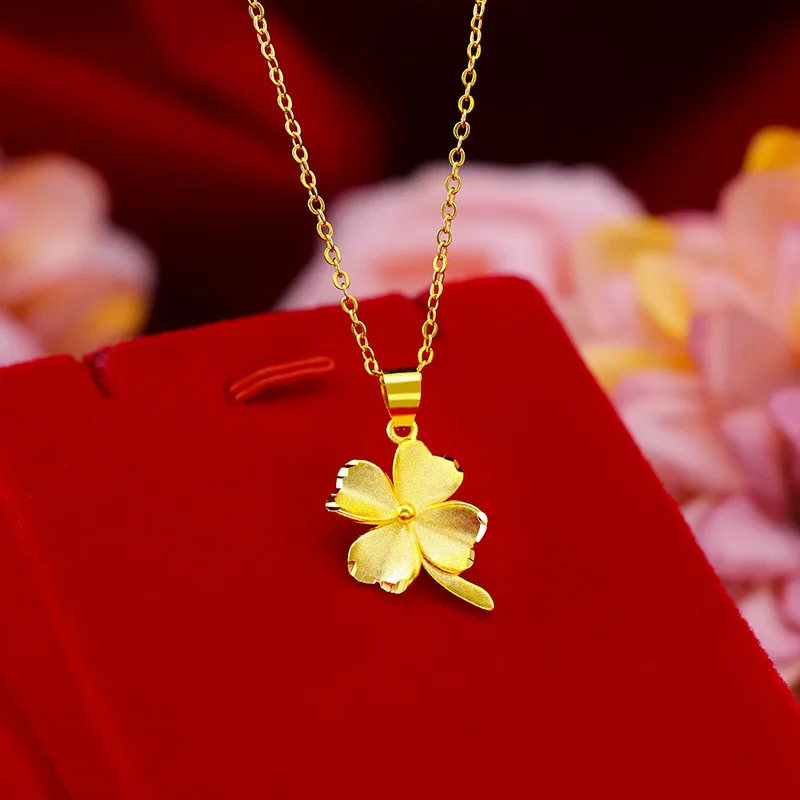 Pure 14K Yellow Gold Pendant Necklace Simple Mini Grass Pendant Real 18K Gold Chain for Women Fine Jewelry Christmas Gift