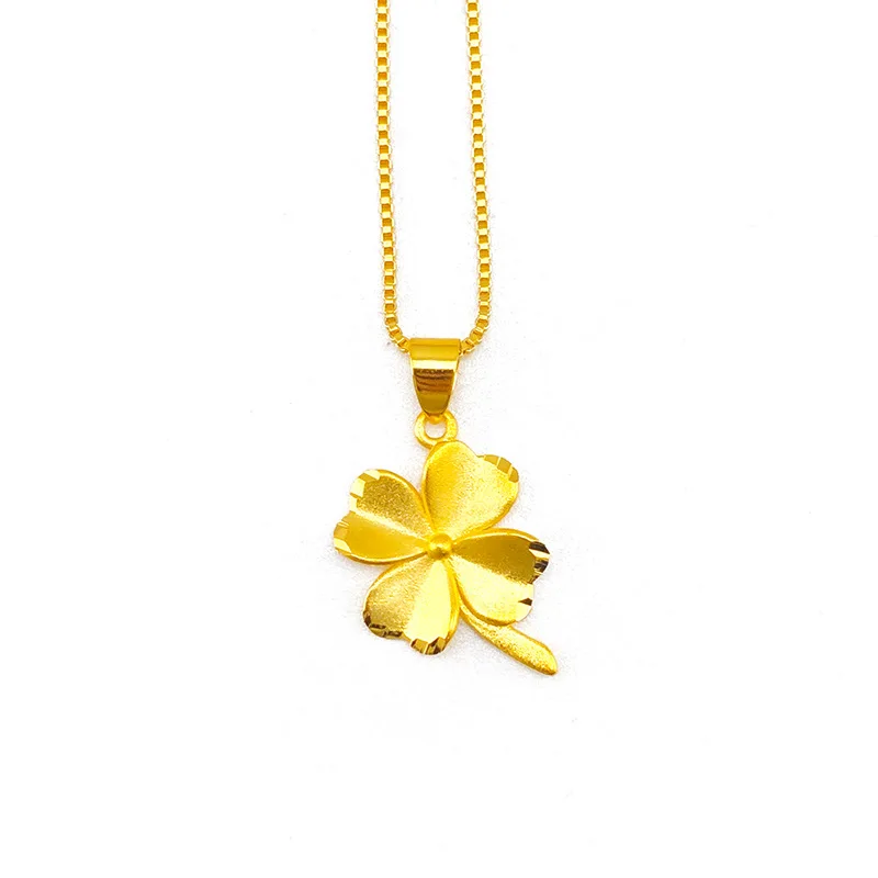 Pure 14K Yellow Gold Pendant Necklace Simple Mini Grass Pendant Real 18K Gold Chain for Women Fine Jewelry Christmas Gift