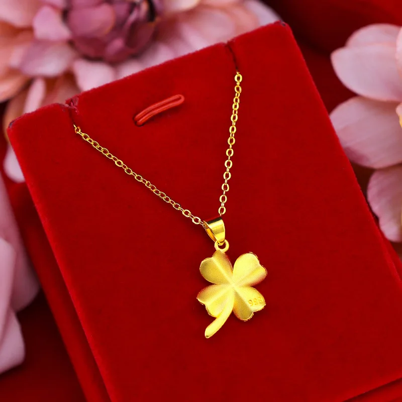 Pure 14K Yellow Gold Pendant Necklace Simple Mini Grass Pendant Real 18K Gold Chain for Women Fine Jewelry Christmas Gift