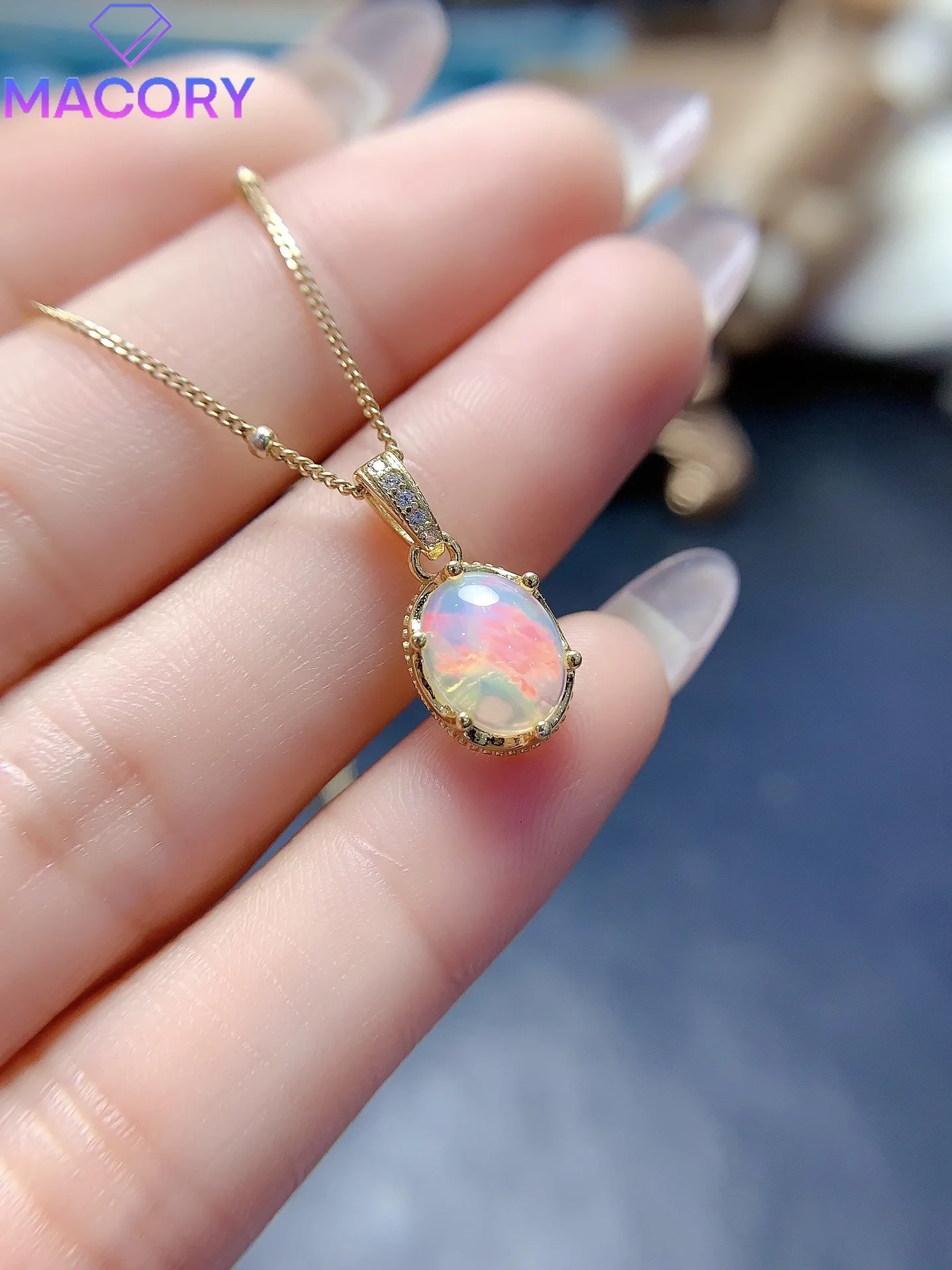 925 Sterling Silver Natural Opal Necklace Women's Sterling Silver Jewelry Certified Original Pendant Pure Women's Chain