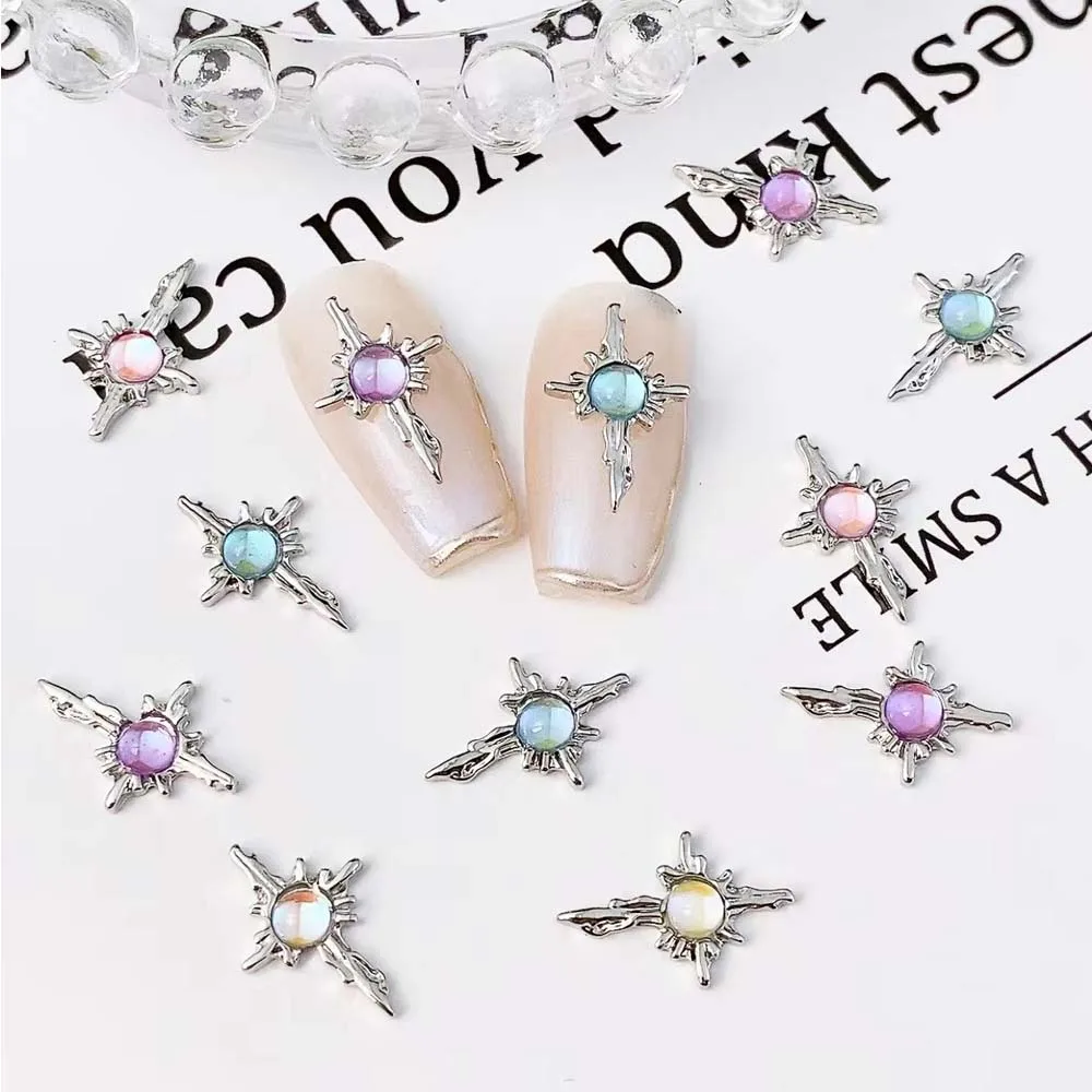 10Pcs Aurora Cross Star Nail Art Charms Punk Style 3D Alloy Gold Silver Glitter Diamond Luxury Crystal DIY Manicure Accessories