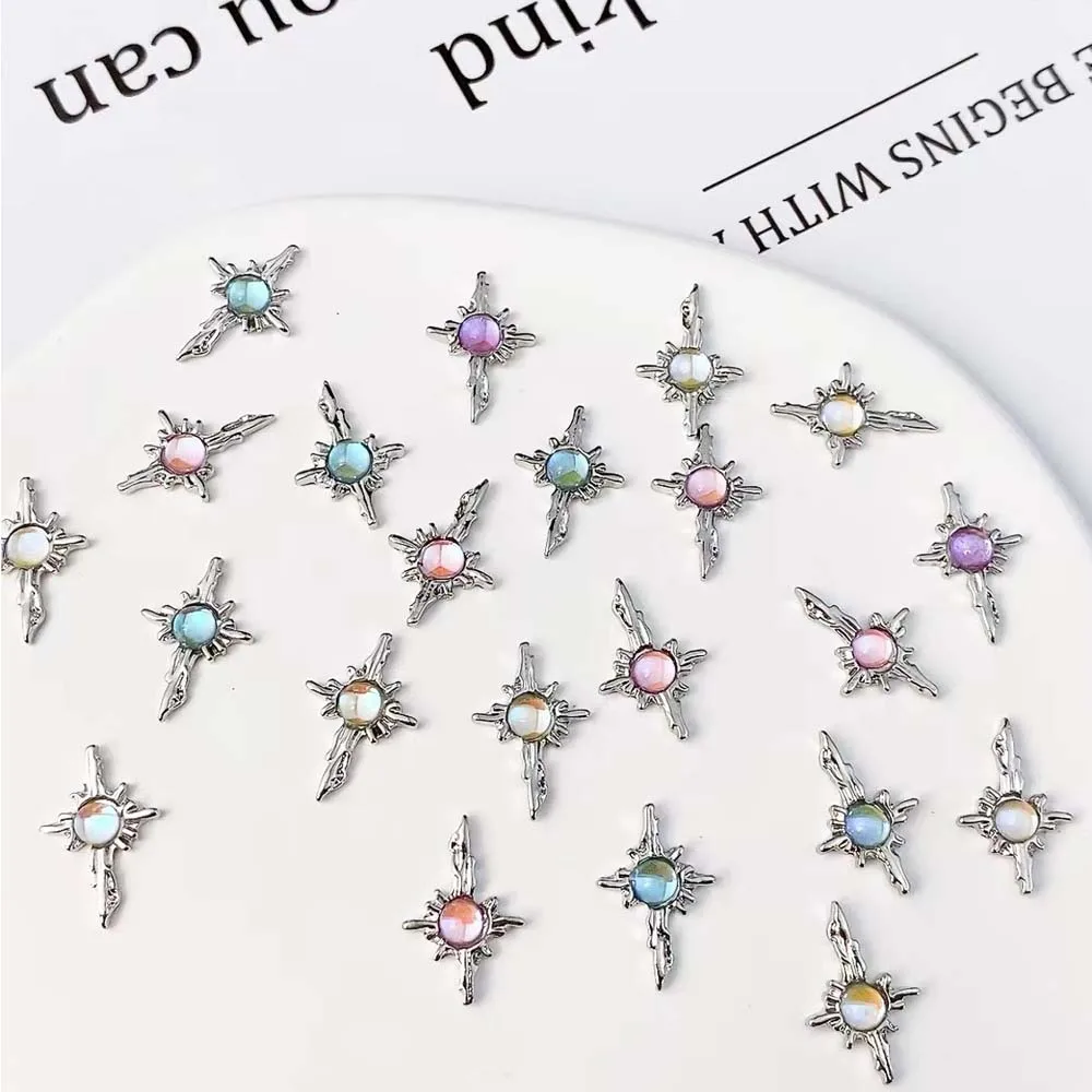 10Pcs Aurora Cross Star Nail Art Charms Punk Style 3D Alloy Gold Silver Glitter Diamond Luxury Crystal DIY Manicure Accessories