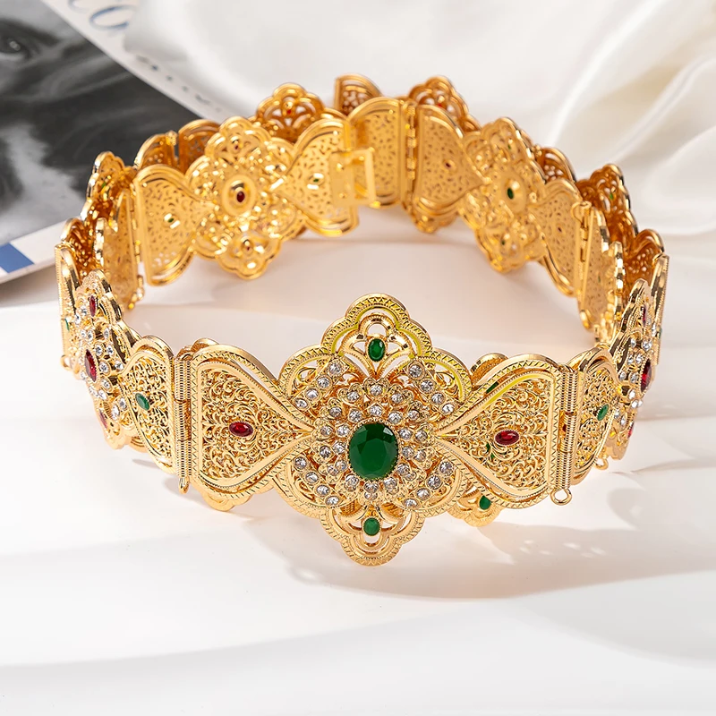 Fatima Fashion Belt Gold Color and Silver Rhinestone Arabic Wedding Dress Waist Chain Middle East Body Jewelry For Women Gift