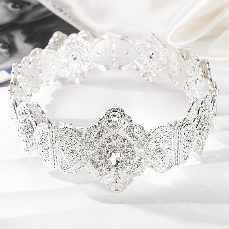 Fatima Fashion Belt Gold Color and Silver Rhinestone Arabic Wedding Dress Waist Chain Middle East Body Jewelry For Women Gift
