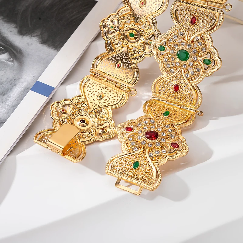 Fatima Fashion Belt Gold Color and Silver Rhinestone Arabic Wedding Dress Waist Chain Middle East Body Jewelry For Women Gift
