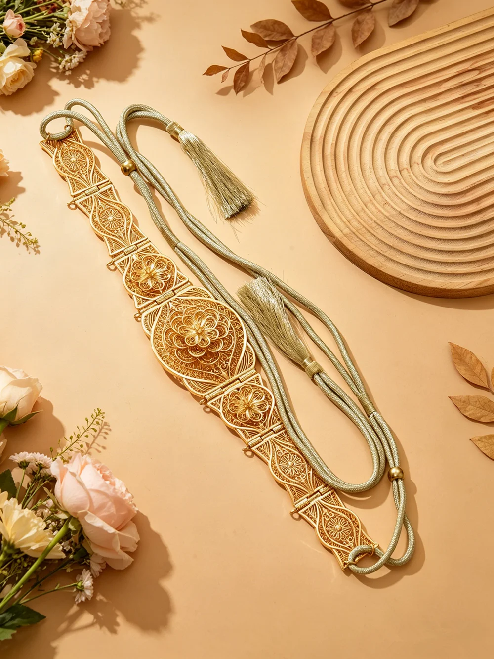 Vintage Gold Filigree Waist Chain Luxury Floral Pattern Tassel Belt Retro Ethnic Style Body Jewelry for Women