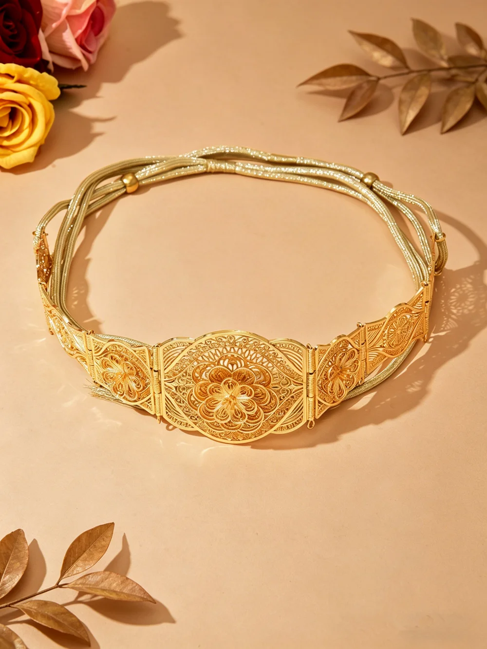 Vintage Gold Filigree Waist Chain Luxury Floral Pattern Tassel Belt Retro Ethnic Style Body Jewelry for Women