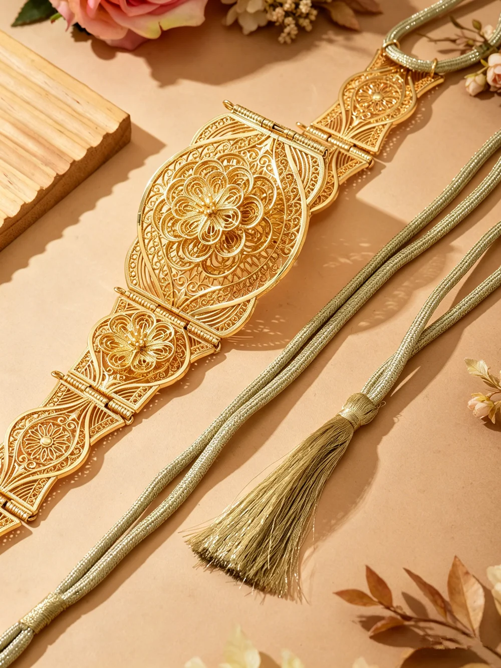 Vintage Gold Filigree Waist Chain Luxury Floral Pattern Tassel Belt Retro Ethnic Style Body Jewelry for Women