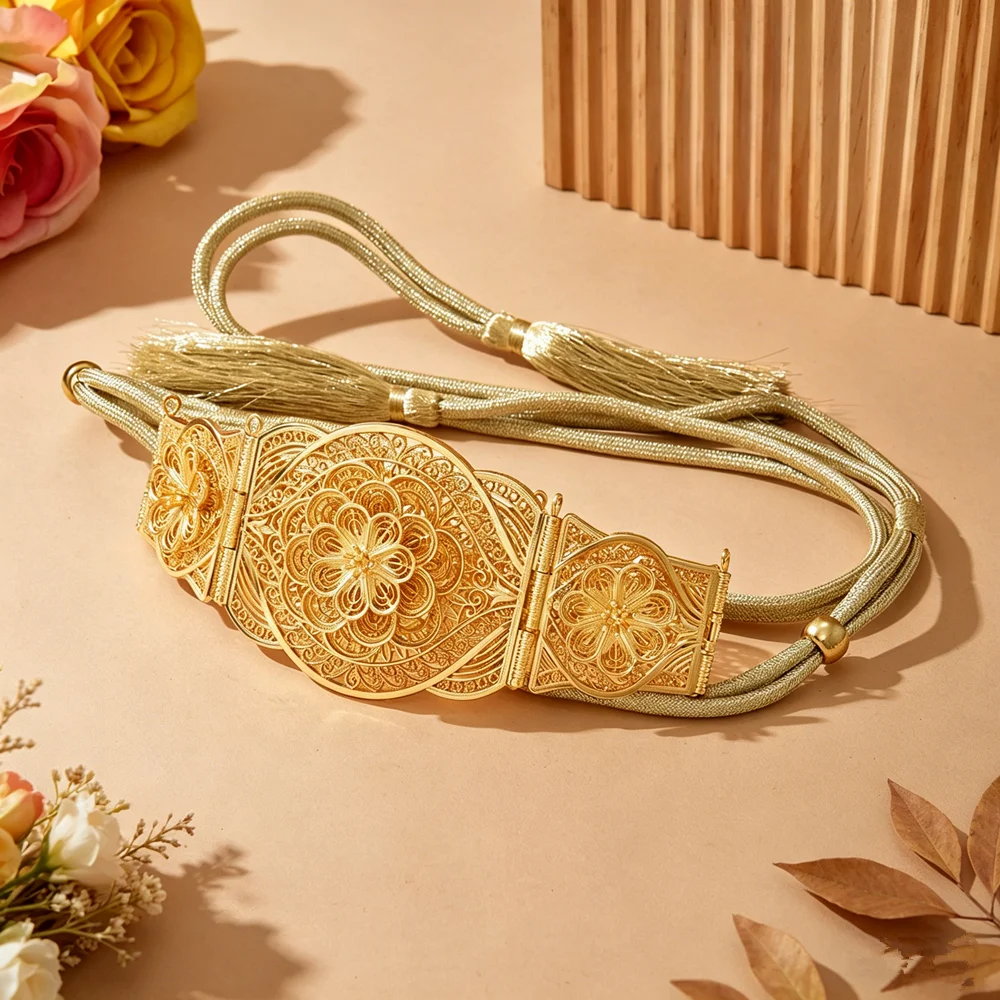 Vintage Gold Filigree Waist Chain Luxury Floral Pattern Tassel Belt Retro Ethnic Style Body Jewelry for Women
