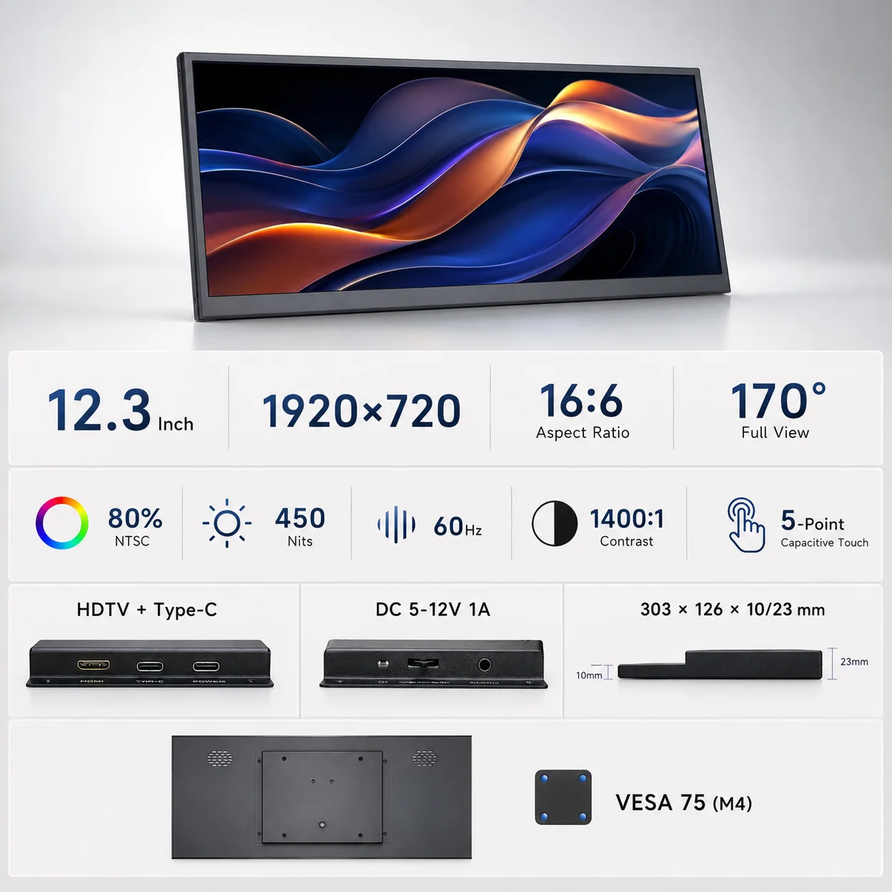 LESOWN 12.3 Inch Ultra-wide Display Portable Monitor 16:6 IPS Panel Driverless Touch Screen for Mini PC