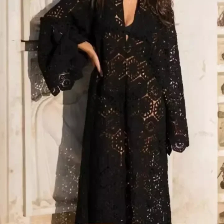 New Fashion Women Sexy V Neck Hollow Out Lace Embroidery Long Sleeve Long Dress Women Holiday Party Boho Loose Long Dress