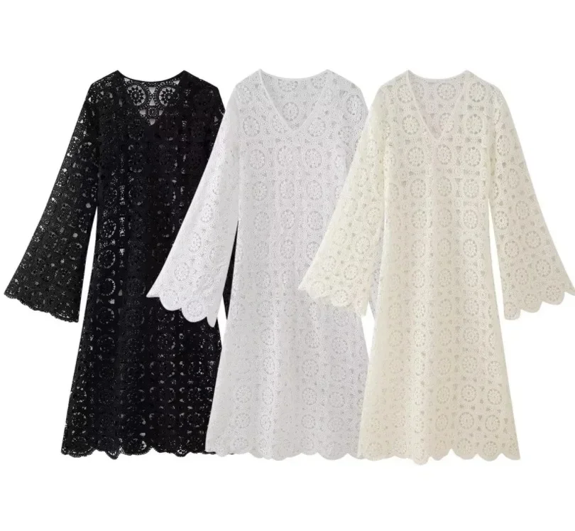 New Fashion Women Sexy V Neck Hollow Out Lace Embroidery Long Sleeve Long Dress Women Holiday Party Boho Loose Long Dress