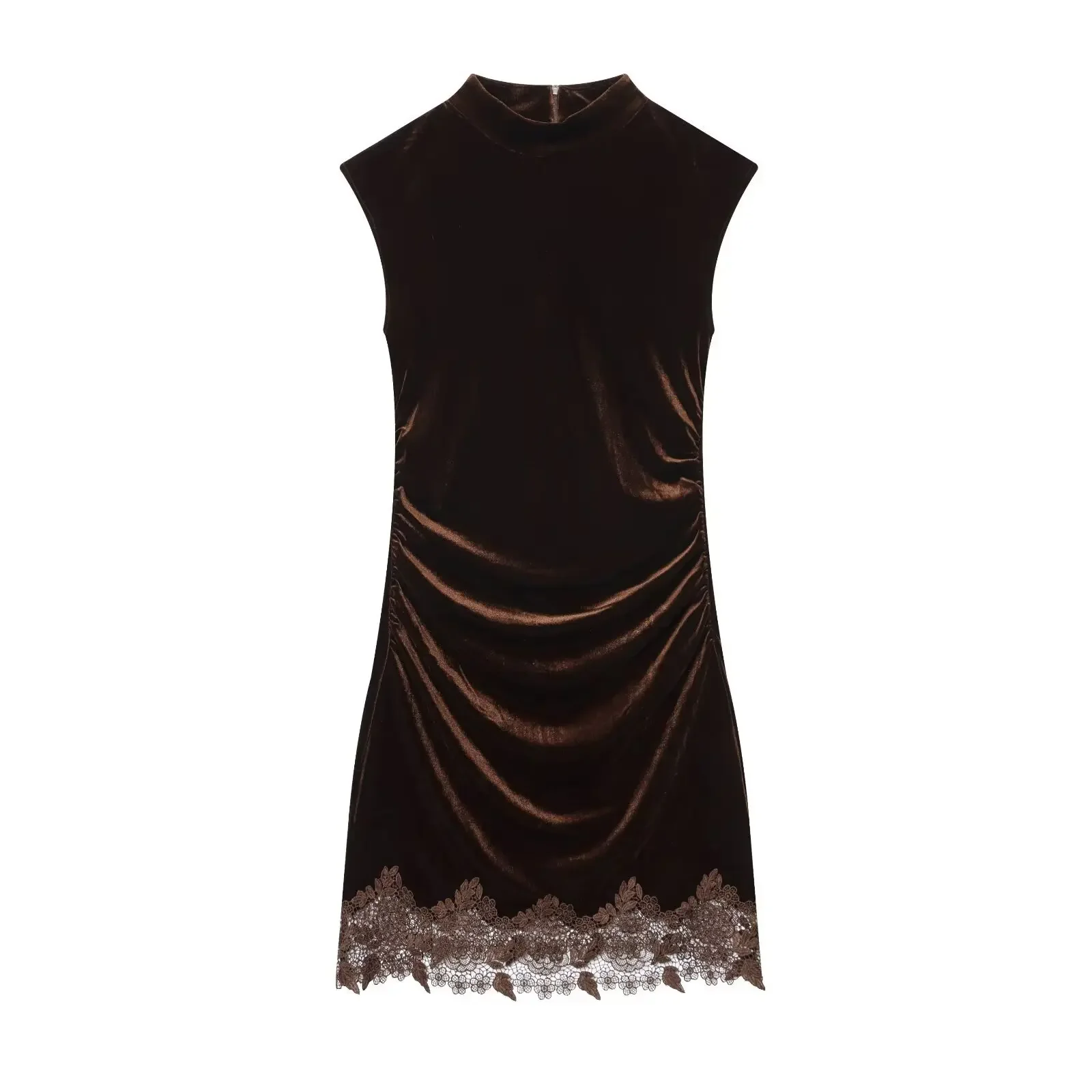 Lace Patchwork Velvet Mini Dress Women Elegant Solid Sleeveless High Collar Pleated Short Dresses Lady Chic Evening Dinner Gowns