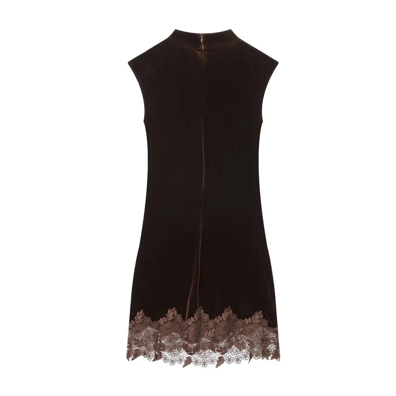 Lace Patchwork Velvet Mini Dress Women Elegant Solid Sleeveless High Collar Pleated Short Dresses Lady Chic Evening Dinner Gowns